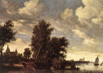 ブルック川の流れ Painting - フェリーボートの風景 サロモン・ファン・ライスダール川